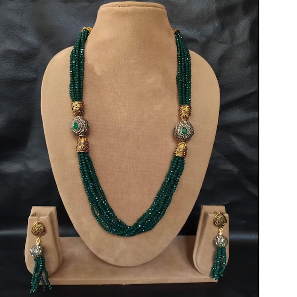 Green Beads Long Victorian Necklace/ Indian Jewelry/ Indian Necklace/ Indian Wedding/ Kundan Necklace/ Kundan Jewelry