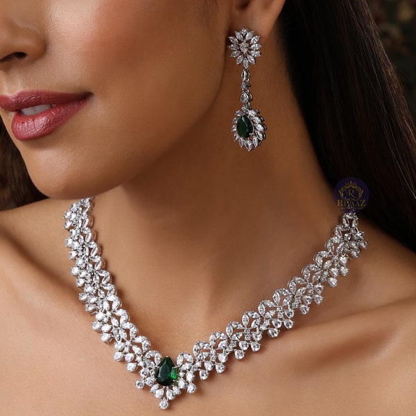 Emerald Cubic Zirconium Necklace | CZ Necklace | Statement Jewelry | Statement Necklace | Indian Necklace Wedding Necklace American Diamond