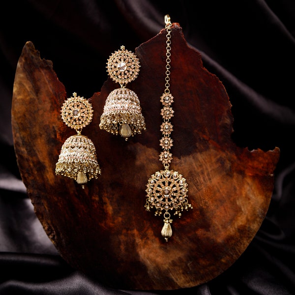 Gold Tikka Set Polki Jhumka  Maangtikka Set Jhumka Earrings Indian Jewelry  Pakistani Earrings Bollywood Jewelry Punjabi Earrings