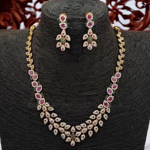 Hema Indian Necklace Set • Gold Indian Necklace • Indian Jewelry • Indian CZ Necklace • Indian Zirconia Necklace • Indian Ruby Necklace •