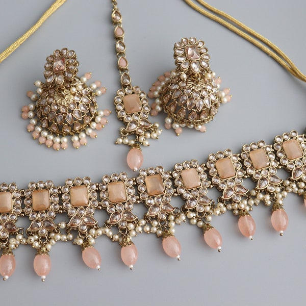 Myra Peach Polki Choker Punjabi Jewelry Indian Choker Kundan Jewelry Pakistani Necklace Indian Necklace Set Peach Necklace Indian Jewellery