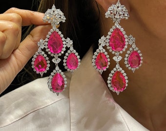 Nova Hot Pink Pariba Diamond Chandelier Earrings  Indian Earring Indian Jewelry Pakistani Jewelry American Diamond  Earrings CZ Earrings