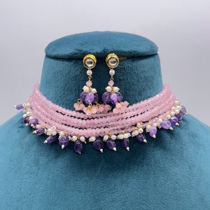 Pink Purple Beads Choker | Indian Jewelry | Pakistani Jewelry | Kundan Choker Bollywood Jewelry Punjabi Jewelry Indian Choker Necklace Set