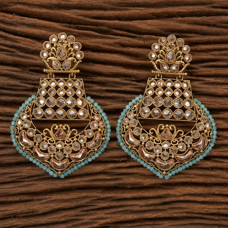Aqua Gold Chaandbali Indian Earrings Indian Jewelry Polki Earring Kundan Earrings Pakistani Jewelry Mint Earrings Statement Earrings