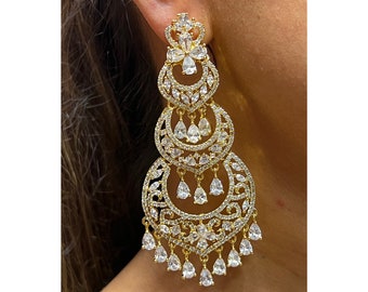 Gouden diamanten CZ Chaandbali oorbellen Indiase sieraden Verklaring oorbellen Jhumka kristallen oorbellen Amerikaanse diamanten oorbellen Bollywood Pakistaans