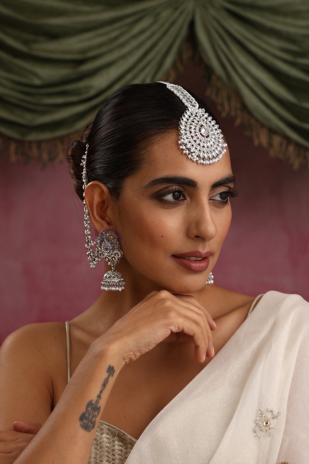 Silver Bahubali Earrings Tikka Indian Jewelry Polki Earrings
