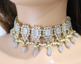 Myra Octo Gray Polki Choker Necklace Indian Jewelry Kundan Necklace Pakistani Jewelry Indian Choker Set Grey Punjabi Jewelry Wedding