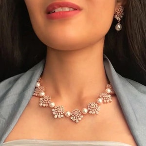 Rose Gold Pearl CZ Diamond Necklace with earrings Indian jewelry Indian Necklace  Pakistani jewelry Bollywood jewelry Rose Gold Necklace