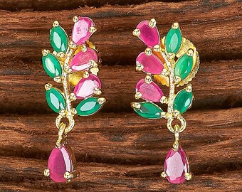 Dainty Gold Ruby Green CZ Earrings | Indian Jewelry  | Indian Earrings | Bollywood Jewelry | Blue Earrings