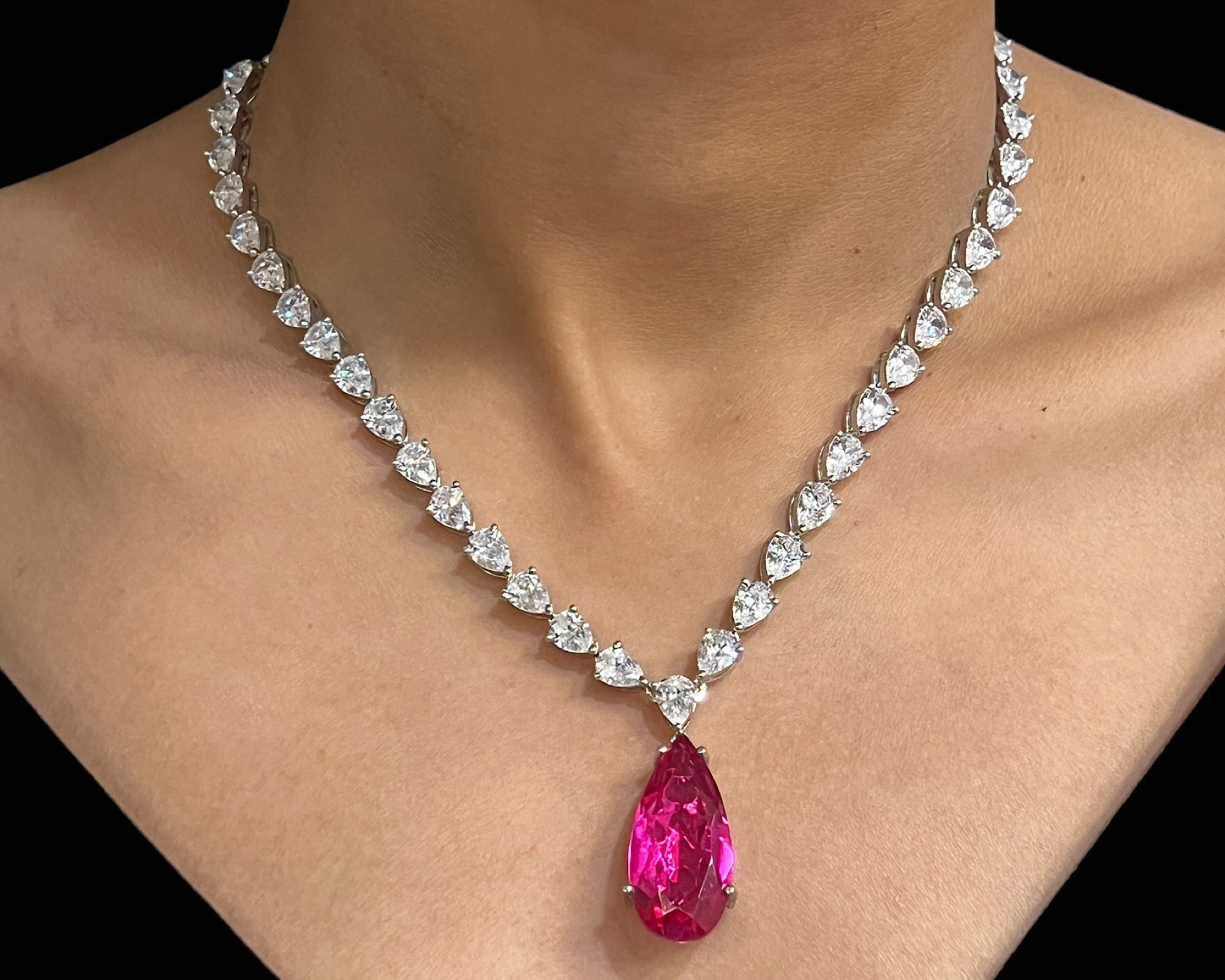 Kate Pink Diamond Necklace Silver Statement Necklace Gift for Her