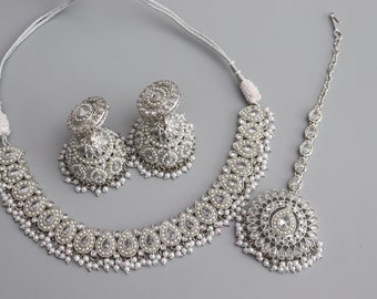 Simi Silver Polki Necklace Kundan Necklace  Punjabi Jewelry Indian Jewelry Indian Necklace Indian Choker Set Pakistani Jewelry
