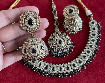 Simi Black Polki Necklace with Jhumkey and tikka / Punjabi Jewelry / Indian Jewelry/ Pakistani Jewelry / Punjabi Necklace Set