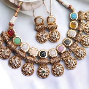 Amarpali Necklace Fusion Navratan Necklace Indian Necklace Kundan Necklace Indian Jewelry Sabyasachi Jewelry Bollywood Indian wedding