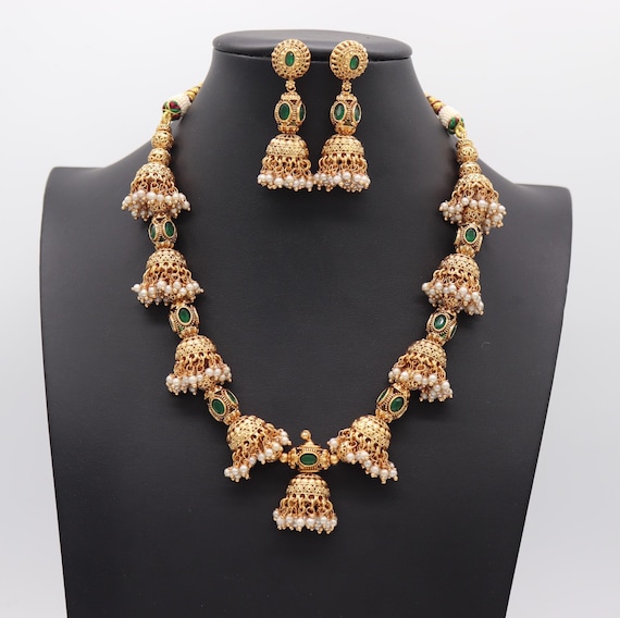 Green Gold Jhumki Necklace Indian Necklace Indian Long Necklace