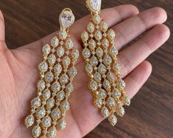 Waterfall Earrings Gold CZ Earrings Statement Jewelry Indian Earrings Pakistani Earrings Bollywood Jewelry American Diamond