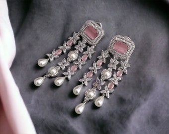 Vanya Pink CZ Pearl Pendientes Diamante Pendientes Largos Pendientes Indios Joyería Paquistaní Pendientes Colgantes Punjabi Joyería Bollywood Regalo para ella