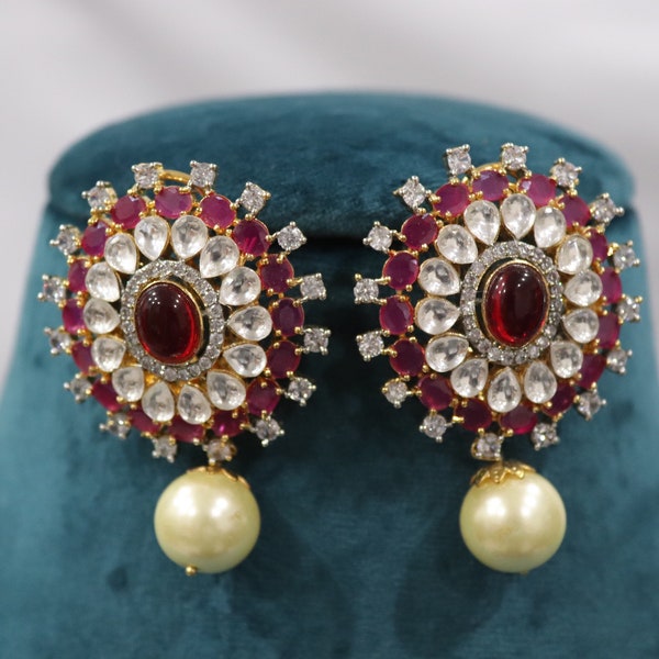 Fine Kundan CZ Studs with Pearl/ Indian Jewelry/ Indian Earrings/ Indian Studs/ Sabyasachi/ Jadau Kundan/ Real kundan / Polki Studs