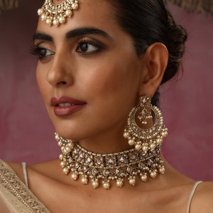 Ziva Gold Polki Choker with chaandbali and tikka/Indian Choker Necklace/ Pakistani jewelry/ Indian jewelry image 4
