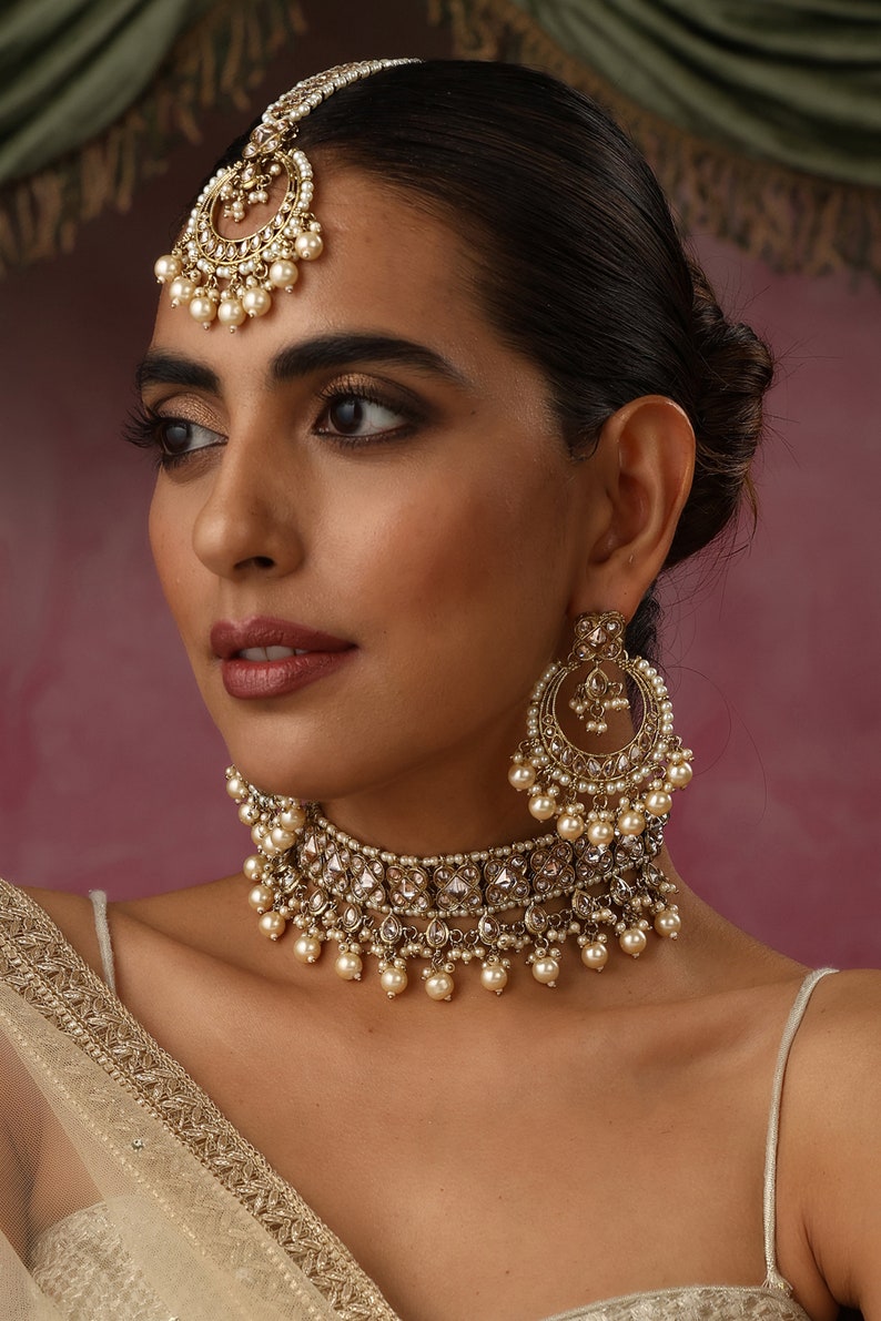 Ziva Gold Polki Choker with chaandbali and tikka/Indian Choker Necklace/ Pakistani jewelry/ Indian jewelry image 4