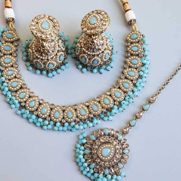 Simi Aqua Turquoise Light Blue Gold Polki Necklace Punjabi Jewelry Indian Jewelry Indian Necklace Indian Choker Set Pakistani Jewelry