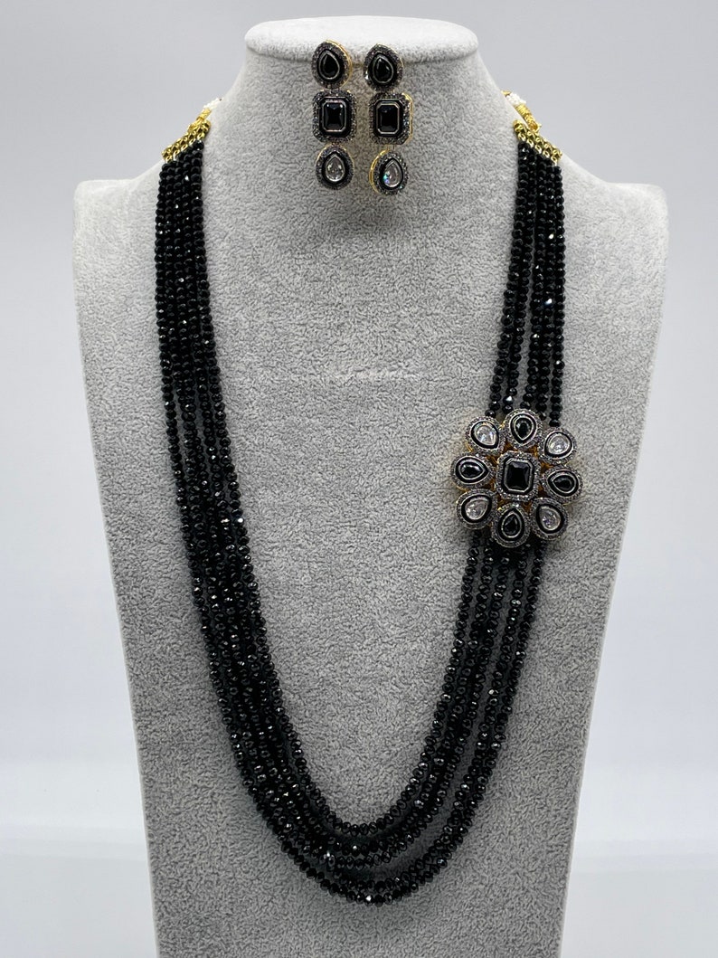 Black Victorian Long Necklace| Indian Long Necklace Indian Jewelry Kundan Long Necklace Pakistani Jewelry