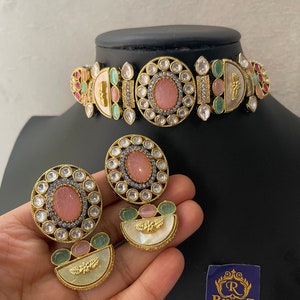 Mother of Pearl Mint Pink Choker, Indian Kundan Choker,  With Dual Tone, Gold and Black Victorian Plating, Indian Choker