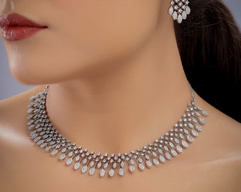 Collar CZ de diamantes de plata con pendientes Collar de diamantes americanos Collar de circonio cúbico de plata Joyería india Collar de boda paquistaní