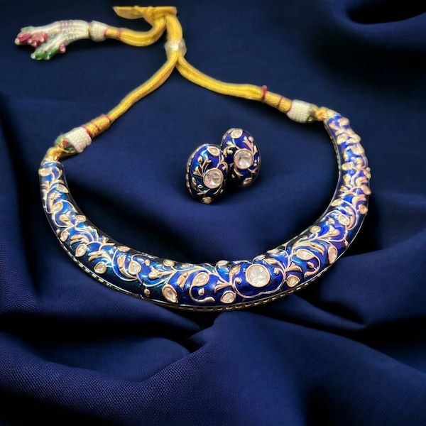 Blue Kundan Hasli Necklace Gold Necklace by Rivaaz Indian Necklace Indian Jewelry Kundan Necklace