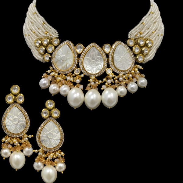 Mother of Pearl Choker Indian Necklace Bollywood Indian jewelry Indian Pearl Necklace Pakistani Jewelry Punjabi Choker Kundan Necklace