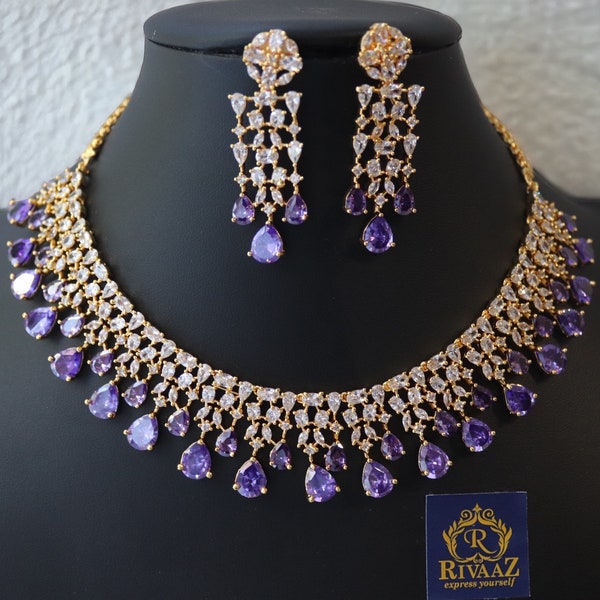 Pre Order June Lavender Purple Gold Diamond Necklace • Pakistani Jewelry • Indian Jewelry • CZ Necklace • American Diamond Necklace Set