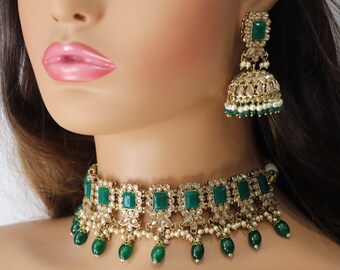 Myra Emerald Green Polki Choker Indian Jewelry Punjabi Choker Pakistani jewelry Indian necklace Punjabi Choker Kundan Set