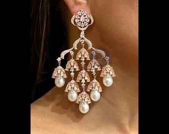 Stella Rose Gold CZ Diamond Chandelier Earrings Chaandbali American Diamond Earrings India Pakistani Jewelry Indian Earrings