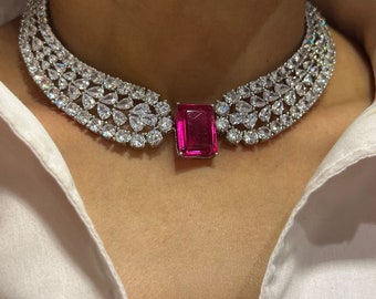 Christie Hot Pink Diamond Necklace | CZ Necklace | American Diamond Necklace | Statement Jewelry | Statement Necklace | Indian Necklace