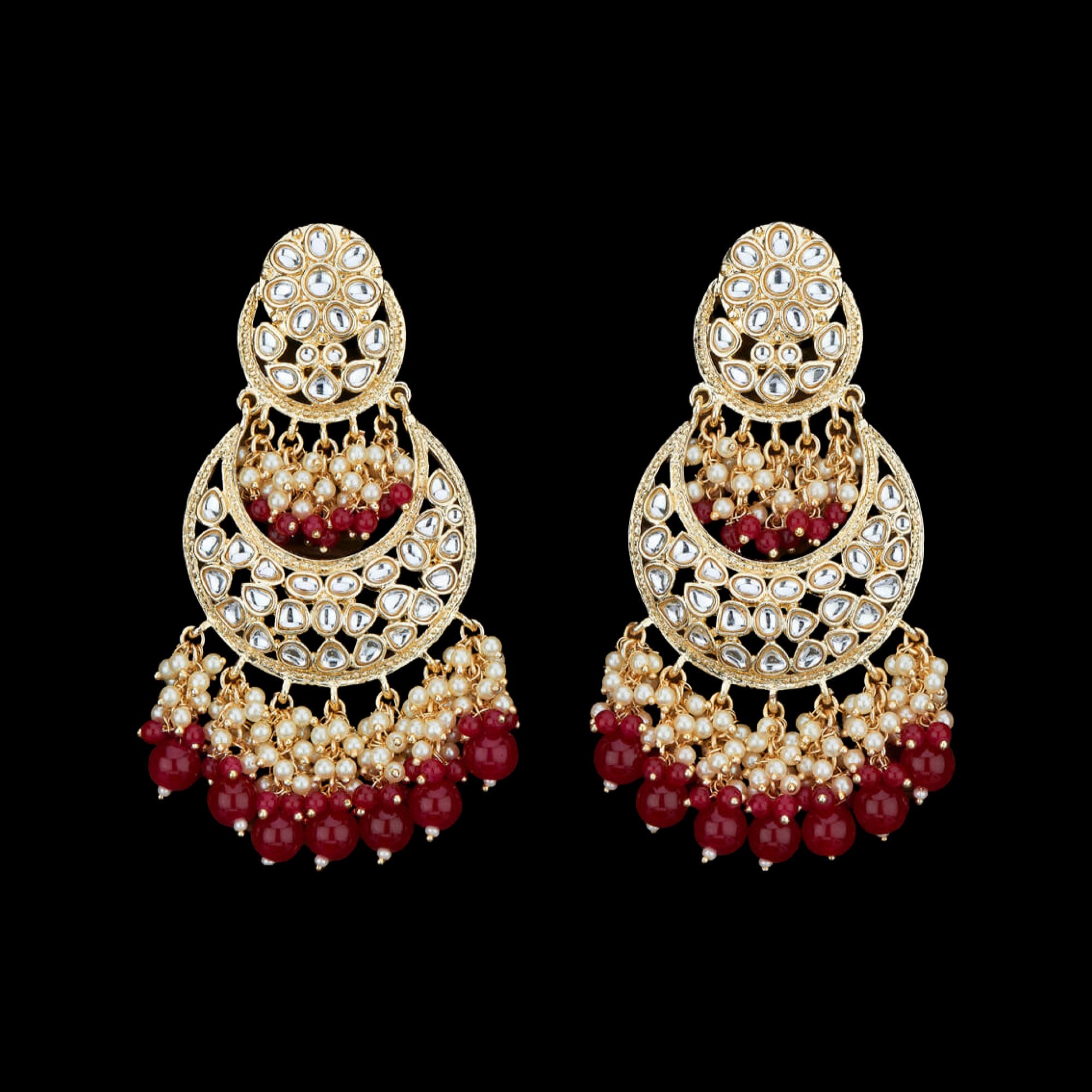 Indian Bollywood Traditional Maroon Gold Plated Bali Pearl Earring Polki Jewelry