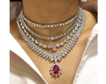 Ruby Multilayer Diamond CZ ketting Statement Sieraden Verklaring ketting Amerikaanse diamanten ketting Indiase sieraden kettingset