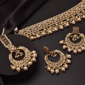 Ziva Gold Polki Choker with chaandbali and tikka/Indian Choker Necklace/ Pakistani jewelry/ Indian jewelry image 5
