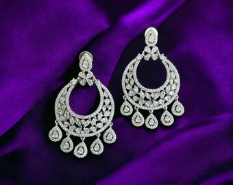 Boucles d'oreilles Tina Silver CZ Boucles d'oreilles indiennes Boucles d'oreilles Chandbali Bijoux pakistanais Boucle d'oreille en diamant Boucles d'oreilles lustre Chandbali en diamant américain