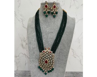 Emerald Long Peacock Necklace Indian Jewelry | Pakistani Jewelry |  Long Pearl  Necklace/ Pakistani Necklace