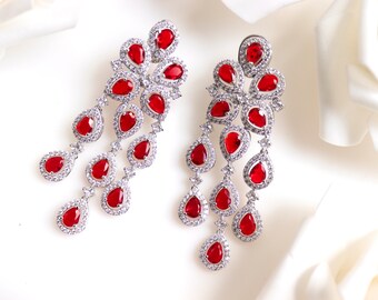 Ava Silver Ruby CZ Diamond Earrings Indian Earrings American Diamond Earrings Indian Jewelry Pakistani Jewelry Bollywood Jewelry Statement