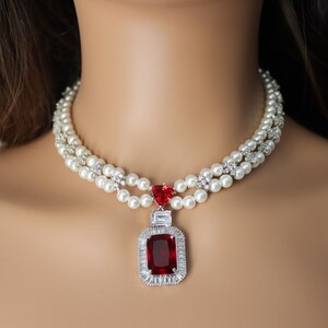 Ruby Pearl  Diamond CZ Necklace  Statement Jewelry American Diamond Statement Necklace Indian Jewelry Red CZ  Necklace Indian Necklace