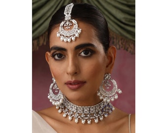 Ziva Silver Polki Choker with chaandbali and tikka /Antique Gold Choker/Indian Choker Necklace/ Pakistani jewelry/ Indian jewelry