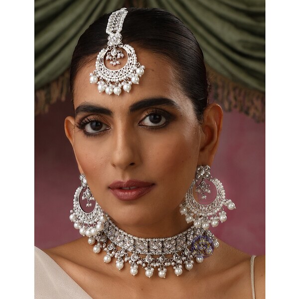 Ziva Silver Polki Choker with chaandbali and tikka /Antique Gold Choker/Indian Choker Necklace/ Pakistani jewelry/ Indian jewelry