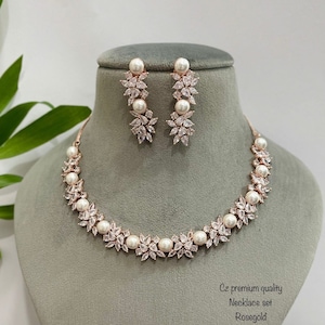 Rose Gold Pearl CZ Diamond Necklace with earrings / Indian jewelry/ CZ Choker/ Indian Necklace / Pakistani jewelry/ Bollywood jewelry