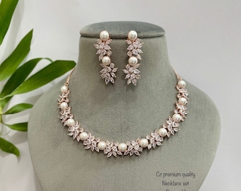 Rose Gold Pearl CZ Diamond Necklace with earrings / Indian jewelry/ CZ Choker/ Indian Necklace / Pakistani jewelry/ Bollywood jewelry