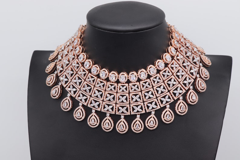 Rose Gold Diamond Choker Necklace with Earring Indian jewelry Crystal Choker Indian Choker Pakistani jewelry Bollywood jewelryWedding