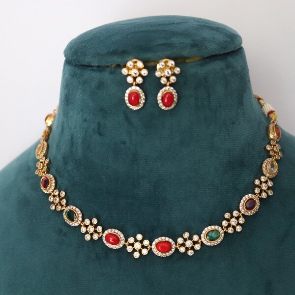 Pre Order Mira Navratan Kundan Necklace Indian Jewelry Indian Necklace Delicate Gold Necklace Pakistani Jewelry One Gram Gold Necklace