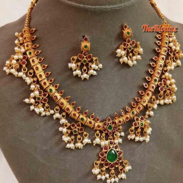 Delicate Ruby- Green Guttapusalu/ South Indian Jewelry/ Gold Necklace/ Indian long Necklace/ Indian Jewelry