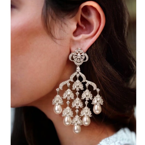 Stella Diamond Pearl Chandelier Chaandbali/ Indian Earring/ Indian Jewelry/ Pakistani Jewelry/ Dangle Earrings/ American Diamond/ CZ Crystal