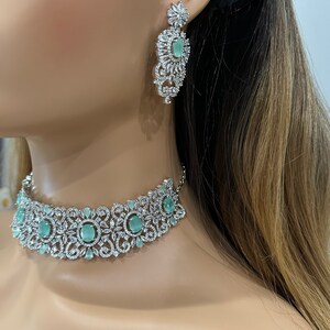 Mint Diamond Choker Necklace with Earring/ Indian jewelry/ Indian Choker/ Pakistani jewelry/ Pink CZ Choker/ Bollywood jewelry/Wedding