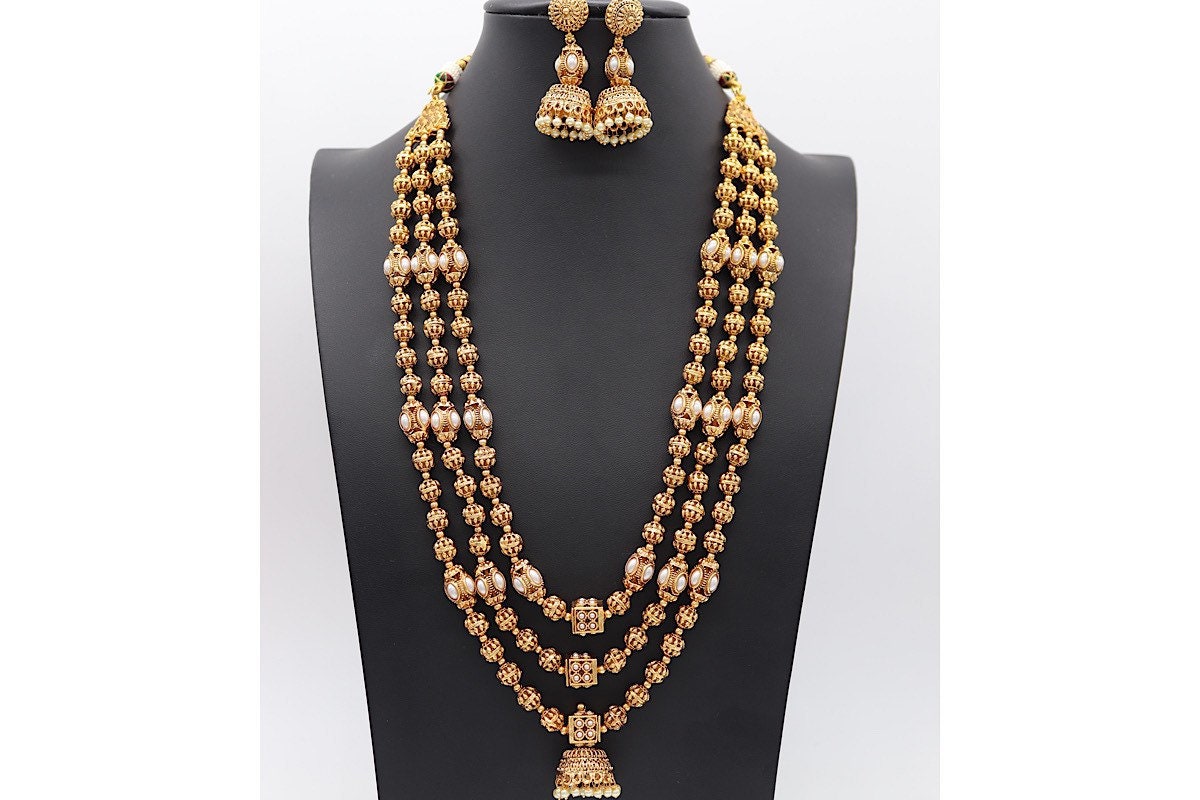 Pearl 3 Layer Long Gold Beaded Necklace 